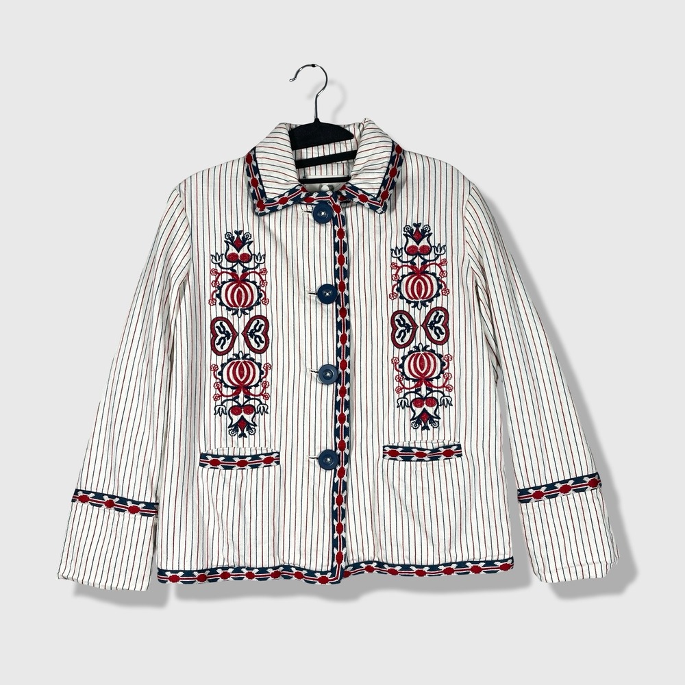 Max Studio Jacket Womens XS‎ White Red Blue Striped Embroidered Folk Boho Retro
